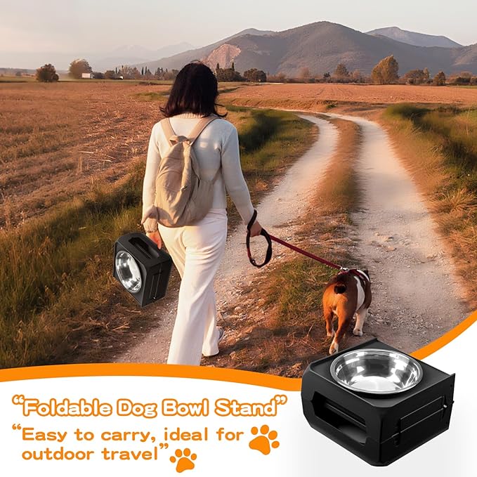Elevated Dog Bowl Stand for Large Dogs - 2 Extra Large 10” Stainless Steel Bowls, 5 Adjustable Heights(7.5"-15.4"), Foldable Non-Slip & Durable, Portable Heavy Duty Travel Dog Feeder, Black