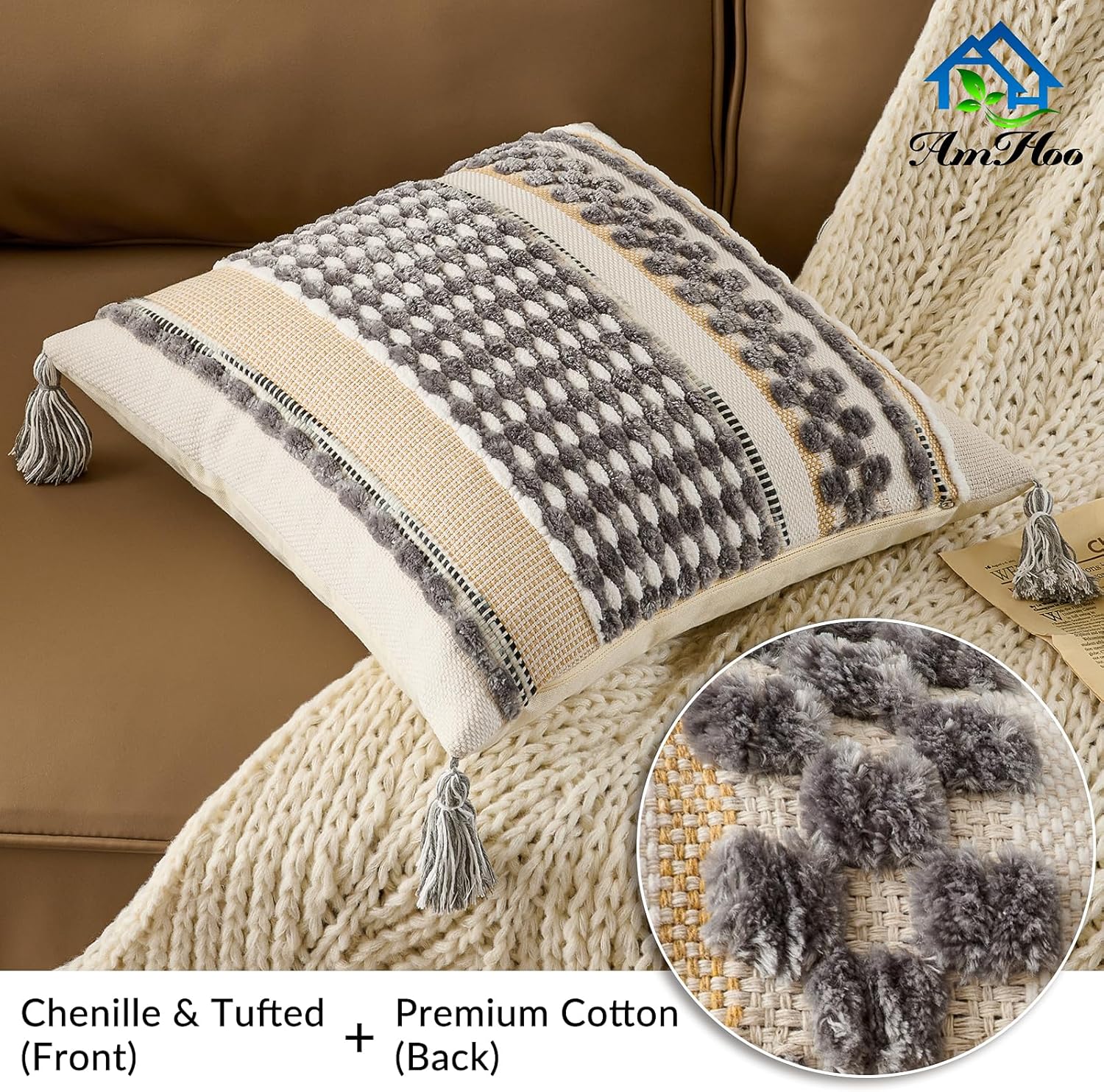 AmHoo Chenille Striped Textured Boho Throw Pillow Covers Aesthetic with Tassels Woven Decorative Pillow Case for Couch Bed Sofa Bedroom Modern Funky 18 x 18-Inch Grey White