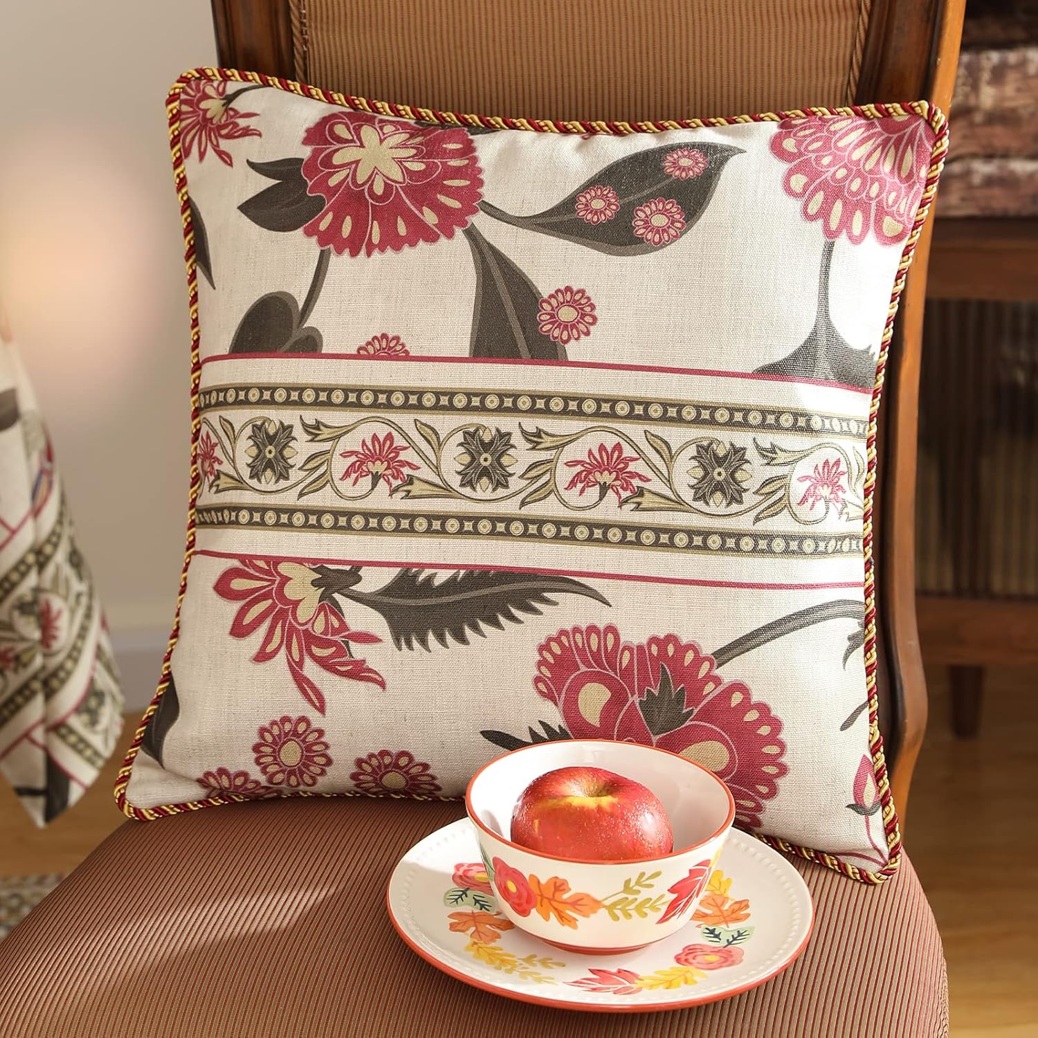 patdrea Designer Throw Pillow Covers,Vintage Red Pillowcases with Leaves and Flower Pattern Pillows Cover for Couch,Linen Decorative Square Cushion for Bed Living Room Outdoor Car,18X18 Inches