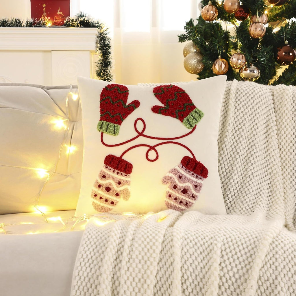 LUOYEHK Christmas Pillow Covers 18x18 Set of 2 Cute Gloves Decorative Beige Pillow Cases Winter Holiday Velvet Embroidered Cushion Covers for Couch Sofa Bed