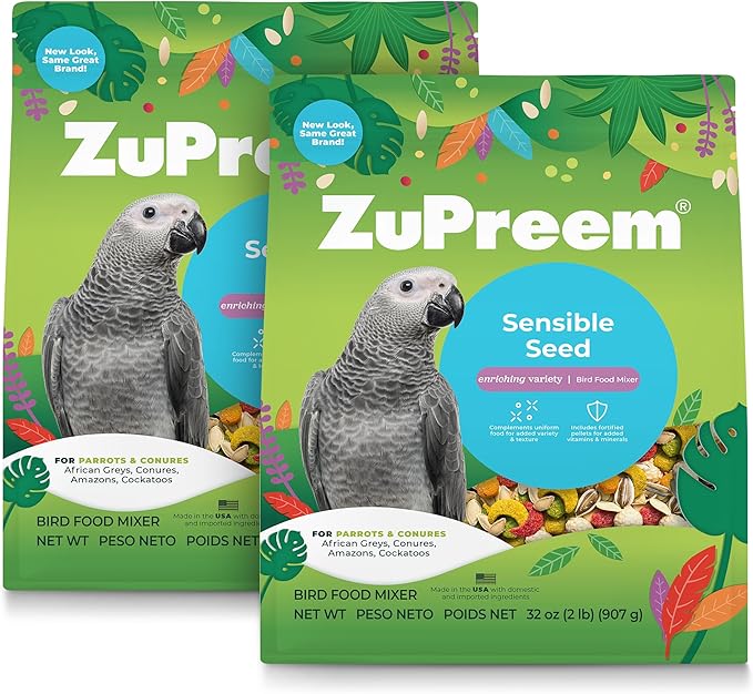 ZuPreem Sensible Seed Bird Food for Parrots and Conures, 2 lb bag (2-pack) - Premium Blend of Seeds and FruitBlend Pellets for Conures, Caiques, African Greys, Senegals, Amazons, Eclectus, Small Cocka