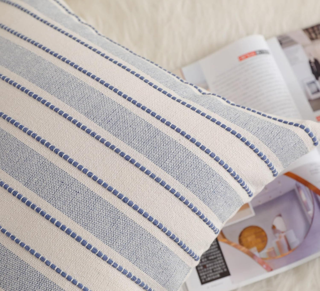 Decorative Boho Throw Pillow Covers, Farmhouse Textured Pillow Case, 22 x 22 Inch Set of 2, Chair Sofa Bedroom Living Room Home Decor Couch Cushion Case, Classic Blue and Beige Striped