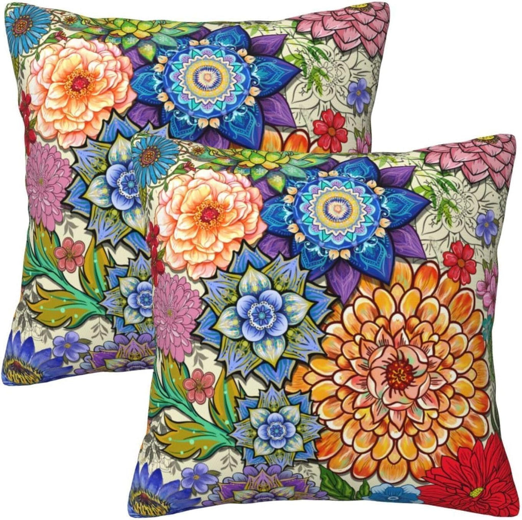 Boho Floral Throw Pillow Covers 18x18 Inch, Colorful Boho Flowers Throw Pillow Cases Set of 2, Decorative Cushions Pillowcase for Couch Office Car Sofa Living Room Bedroom Farmhouse Home Decor
