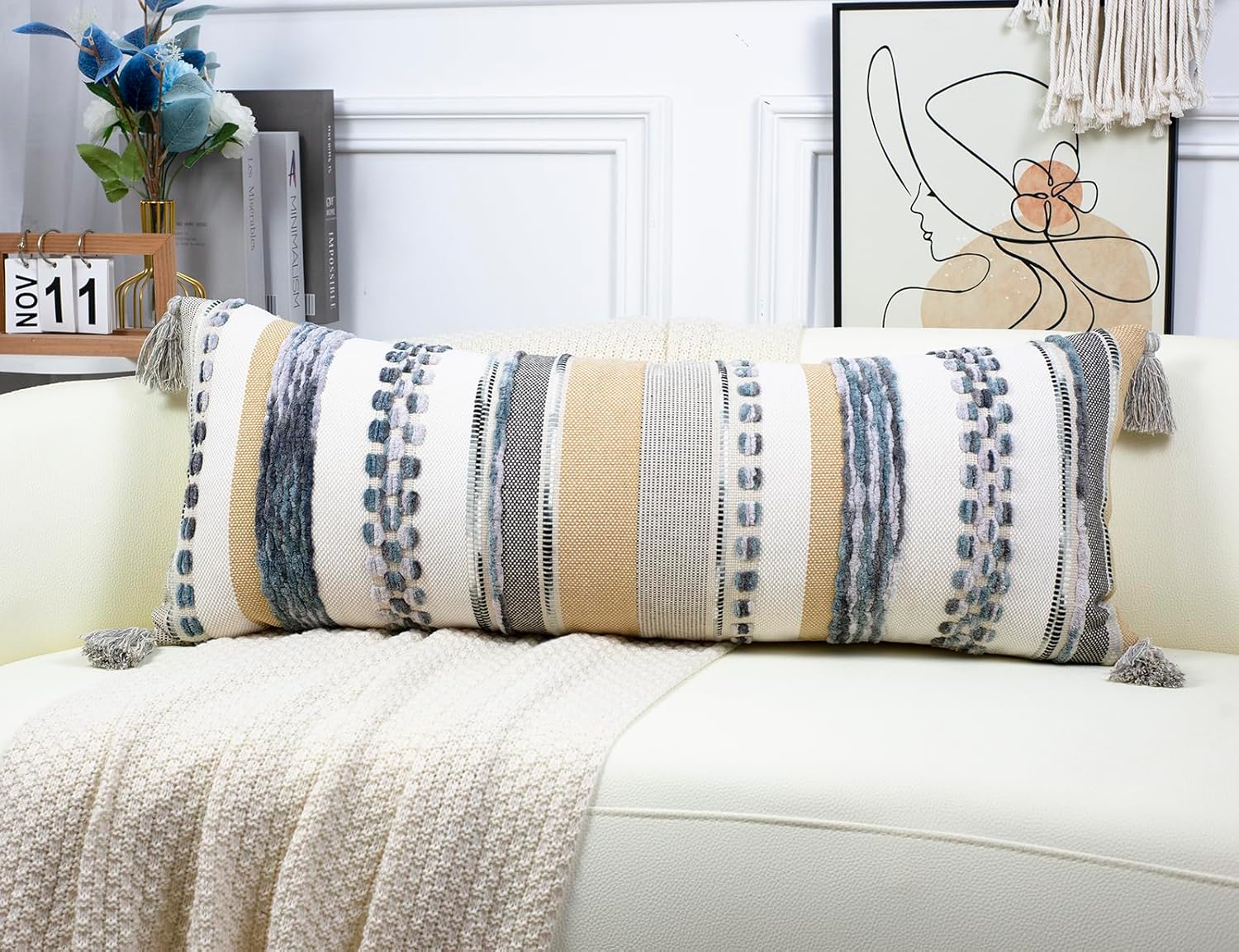 PANOD Boho Long Lumbar Throw Pillow Cover 16 x 36 Light Grey, Chenille Morocan Extra Long Pillow Case Cover, Decorative Long Pillow for Bed Couch Sofa Farmhouse