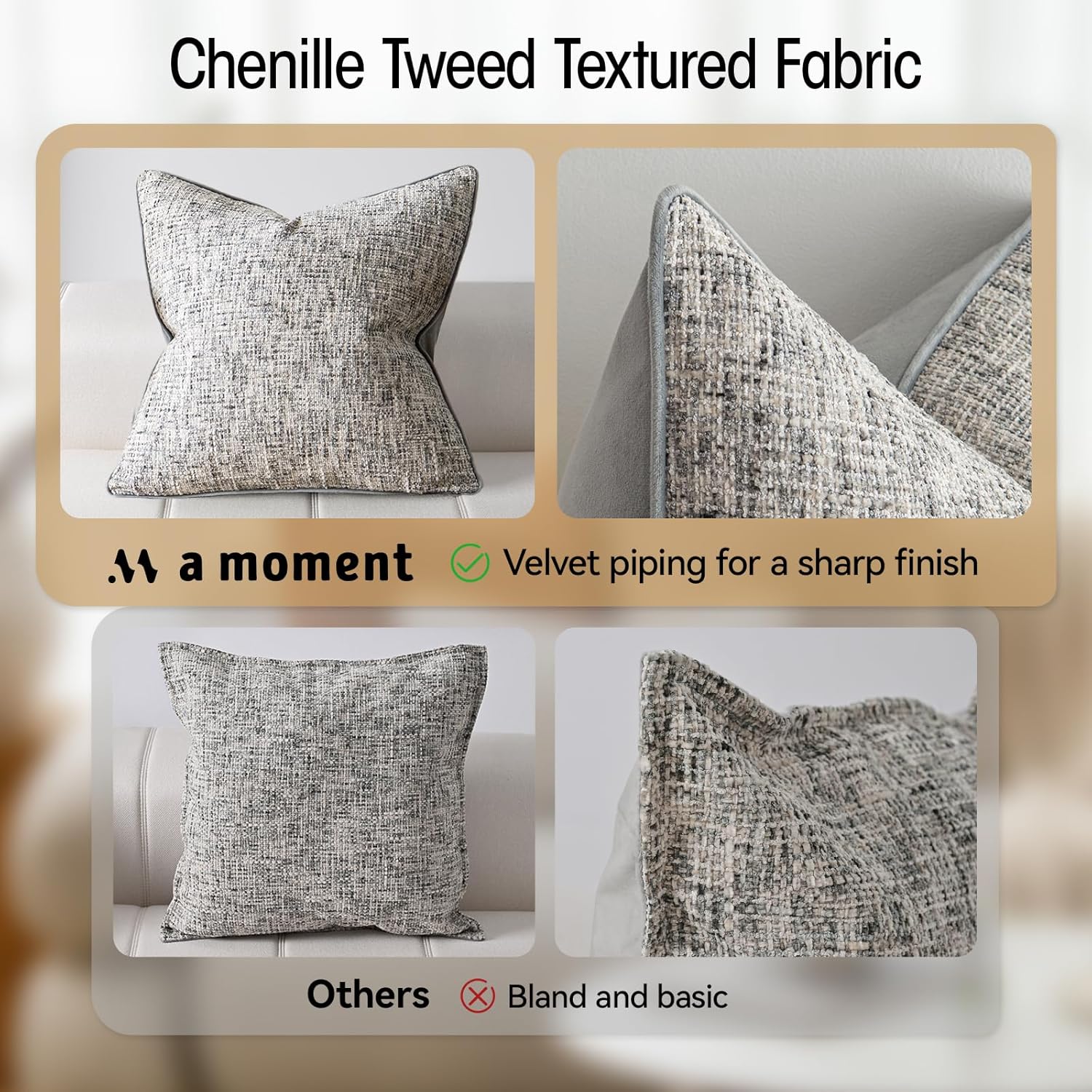 a moment Grey Reversible Pillow Covers 2 Pack - Farmhouse Chenille Throw Pillows, Neutral Textured Decorative Throw Pillow Covers with Border for Couch Sofa Bed (18x18 Inch, No Insert)