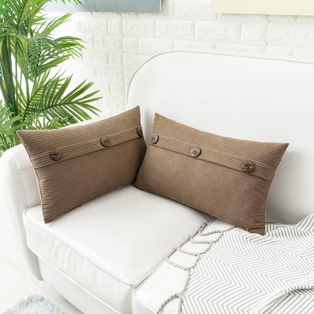 HWY 50 Taupe Chenille Throw Pillow Covers 12x20 Inch with Triple Buttons, Soft Farmhouse Accent Decorative Cushion Cases for Couch Sofa Living Room Pack of 2 Rectangle