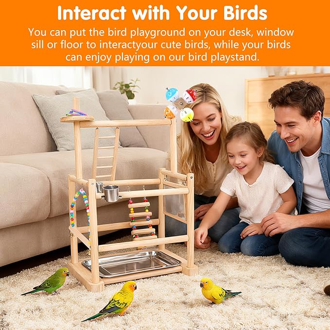 Bird Playground, Parrot Playground Parrot Perch Stand 3 Layer Bird Tree Stand with Feeder Cups, Ladder, Parakeet Mirror, Parakeet Toys and Removable Tray for Small to Medium Birds