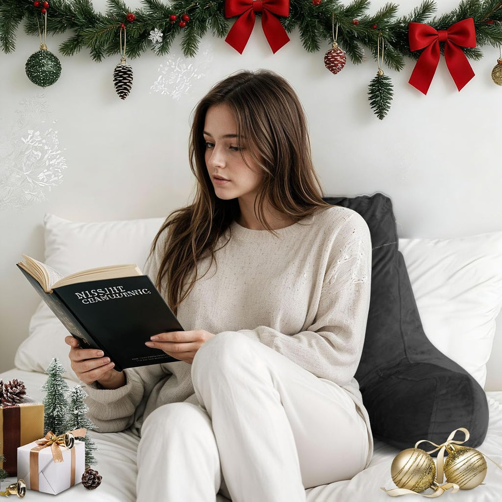 Reading Pillow for Sitting in Bed Adult, Reading Pillow with Shredded Memory Foam, Bed Pillow with Washable Cover, Back Pillow Sitting Up with Extend Arms, Black, Large