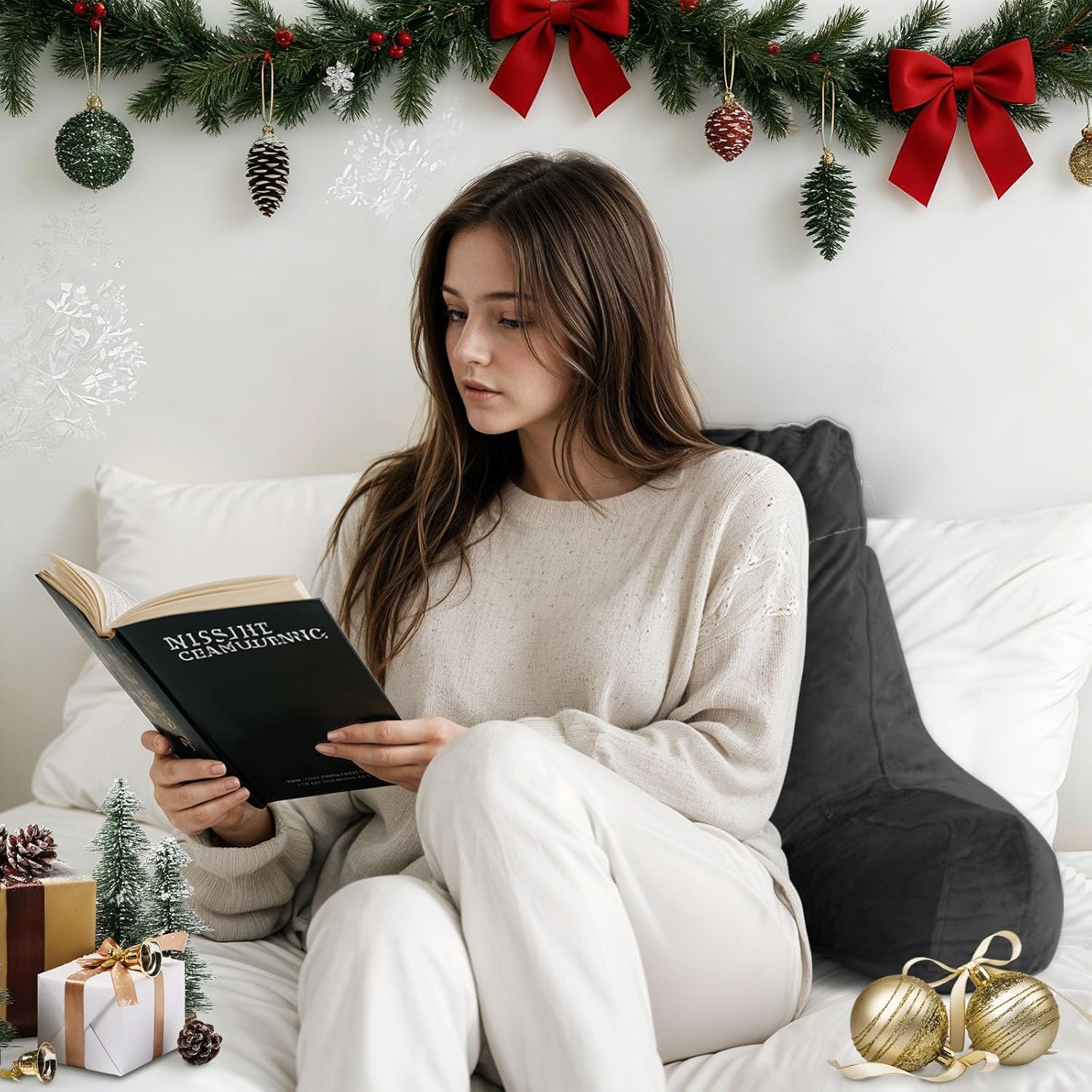 Reading Pillow for Sitting in Bed Adult, Reading Pillow with Shredded Memory Foam, Bed Pillow with Washable Cover, Back Pillow Sitting Up with Extend Arms, Black, Large