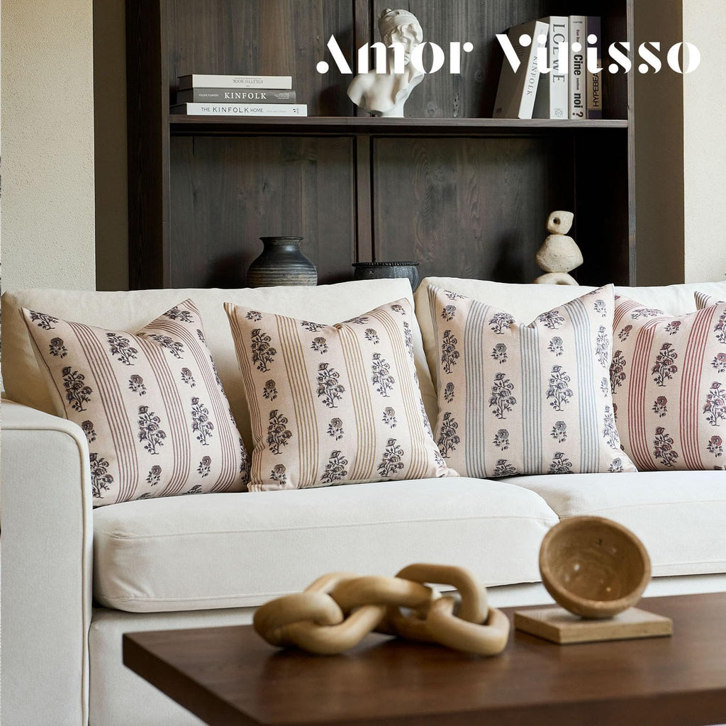 Amor Virisso Floral Throw Pillow Covers 18x18 Set of 2 Block Print Pillow Covers Neutral Floral Striped Farmhouse Decorative Pillow Covers for Sofa Couch Bed, Brown