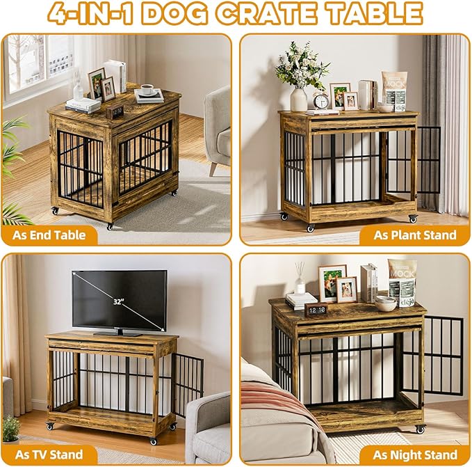 32" Dog Crate Furniture, Double Door Wooden Indoor Dog Kennel Furniture, Decorative Pet Cage End Table with Wheels for Medium and Small Breed Dogs, Size M, Rustic Brown