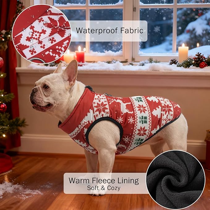 SCENEREAL Christmas Winter Dog Vest Coat with Harness Built in, Warm Puppy Jacket for Small Medium Dogs, Cold Weather Coat with Zipper, Fleece Puffer Vest Windproof Snow Clothes, L