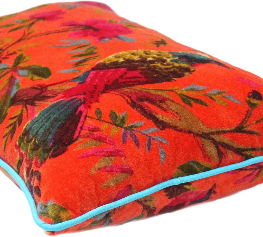 Eyes of India Velvet Floral Flower Bird Throw Pillow Sofa Cushion Cover Case Couch Colorful Boho Chic Bohemian Accent Indian Handmade (Orange, 20" x 12")