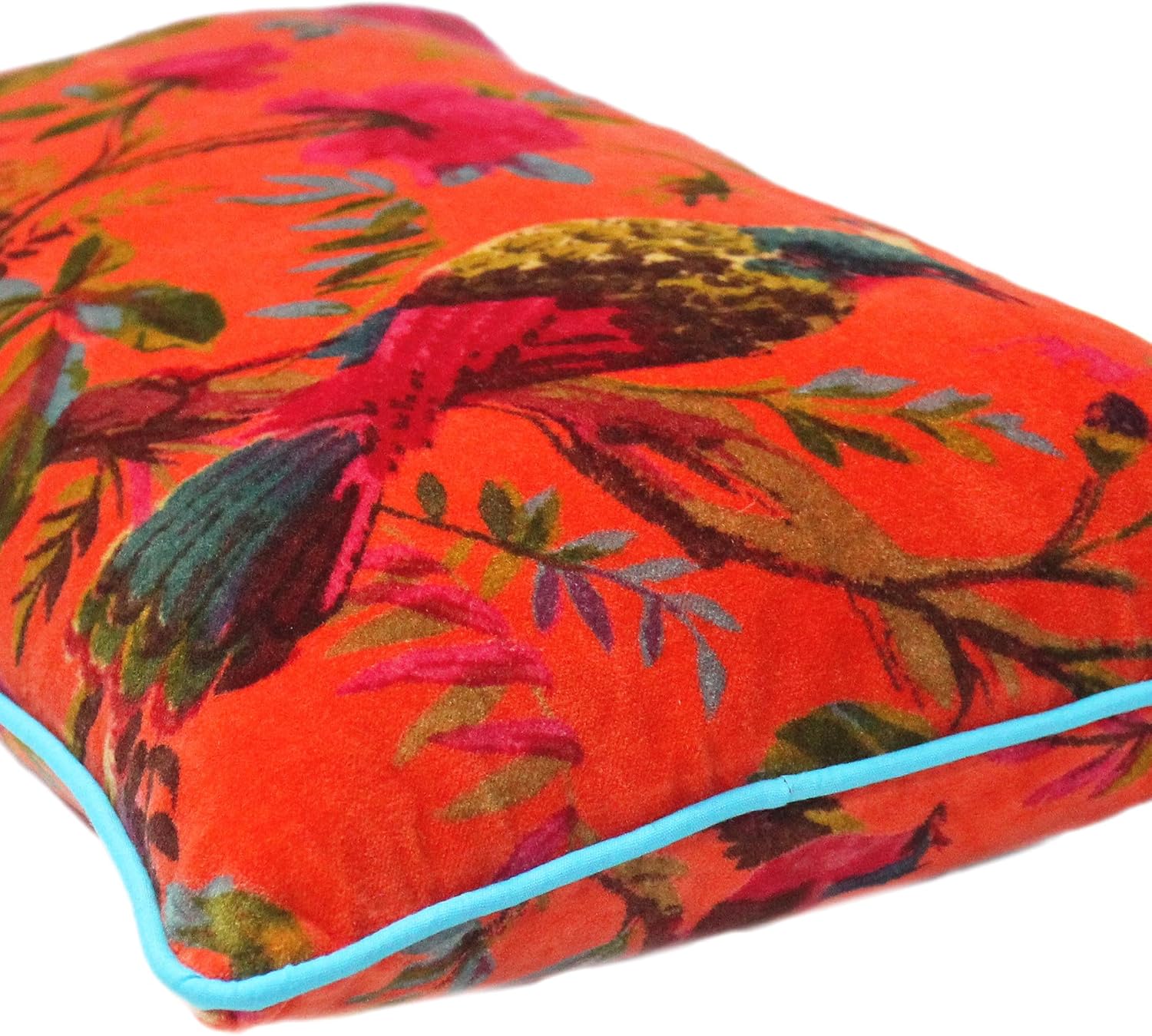 Eyes of India Velvet Floral Flower Bird Throw Pillow Sofa Cushion Cover Case Couch Colorful Boho Chic Bohemian Accent Indian Handmade (Orange, 20" x 12")