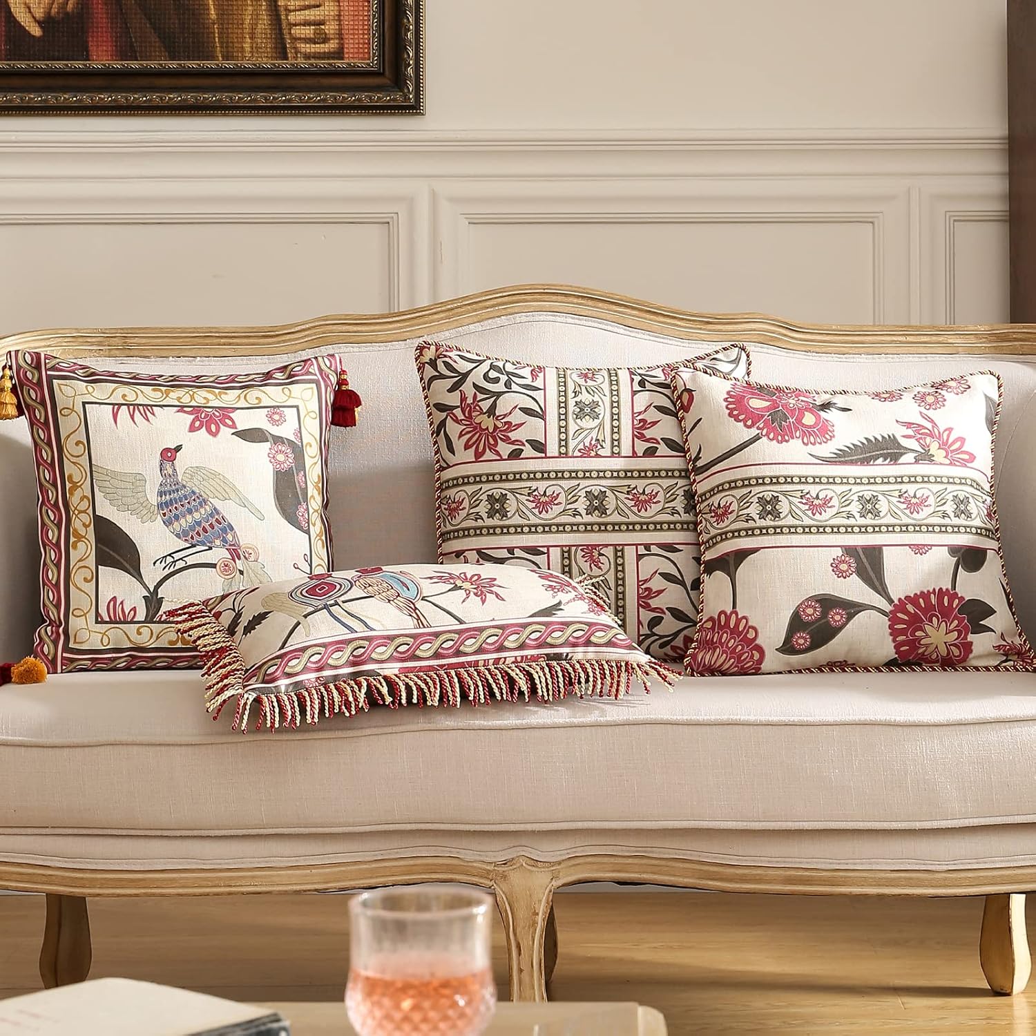 patdrea Designer Throw Pillow Covers 12"x20",Vintage Red Flying Bird Pattern Linen Pillowcases with Tassel Edges Pillows Cover for Couch,Decorative Lumbar Cushion for Bed Outdoor Car,Set of 2