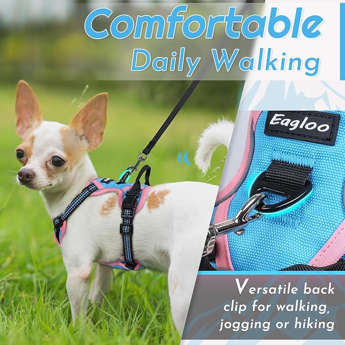 Eagloo Small Dog Harness No Pull, Service Vest with Reflective Strips and Control Handle, Adjustable and Comfortable for Walking, No Choke Pet Harness with 2 Metal Rings, Pink & Blue, XS