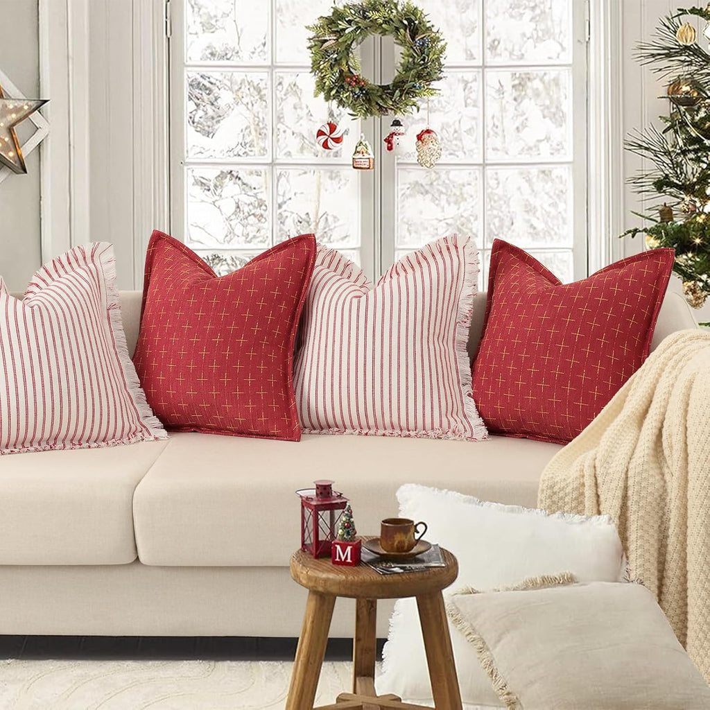 ZWJD Throw Christmas Pillow Covers 26x26 Set of 2 Striped Pillow Covers with Fringe Chic Cotton Decorative Pillows Square Cushion Covers for Sofa Couch Bed Living Room Farmhouse Decor
