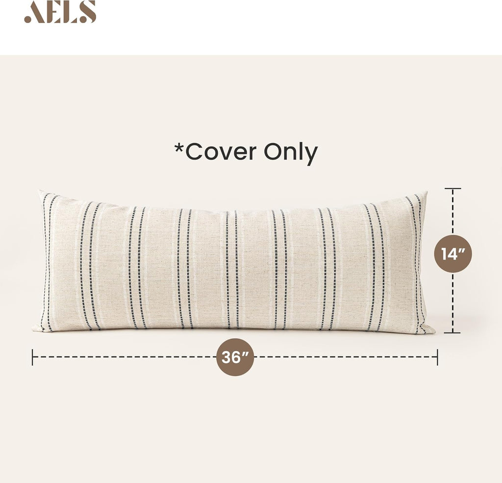 AELS 14x36 Decorative Lumbar Throw Pillow Covers, Farmhouse Linen Textured Long Pillow Case, Beige with White & Black Stitch Boho Cushion Cover for Couch Living Room (Cover ONLY)