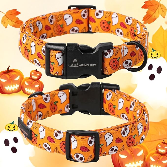 ARING PET Halloween Dog Collar, Cute Orange Ghost Pumpkin Leaves Cotton Lightweight Pet Collars with Quick Release Buckle for Puppy Small Medium Large Boy Girl Dogs-S