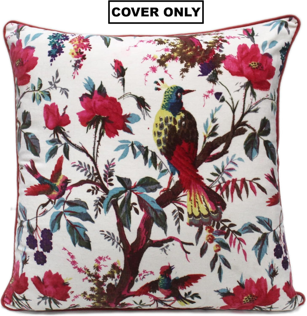 Eyes of India Velvet Floral Flower Bird Throw Pillow Sofa Cushion Cover Case Couch Colorful Boho Chic Bohemian Accent Indian Handmade (White, 24" x 24")