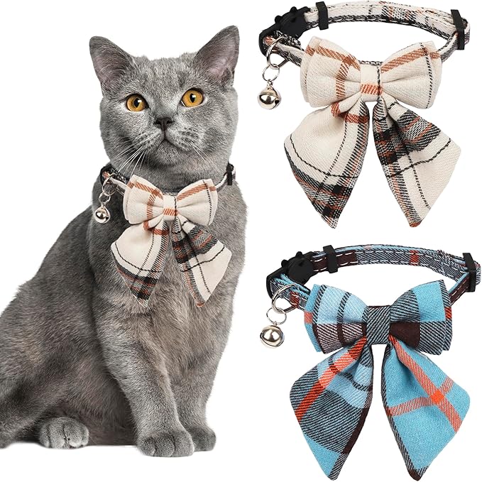 ADOGGYGO Plaid Cat Collars with Removable Bow Tie Bell, 2 Pack Beige Blue Plaid Kitten Bow Collar for Cats Kittens