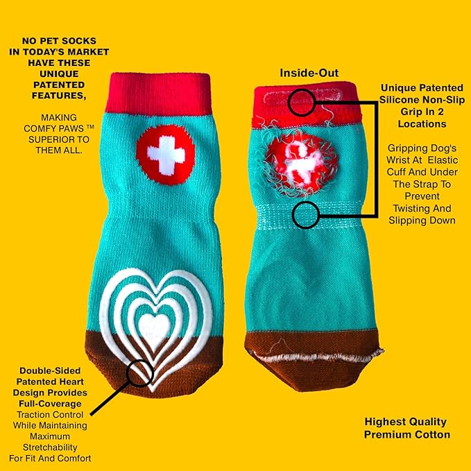 Medical First-Aid Double Sided Anti-Slip Cotton Dog Socks | PawFlex Comfy Pawz Silicone Nonslip at Inner Cuff for No Twisting or Sliding Off | Pet Paw Protection |Wound Care | Traction Control