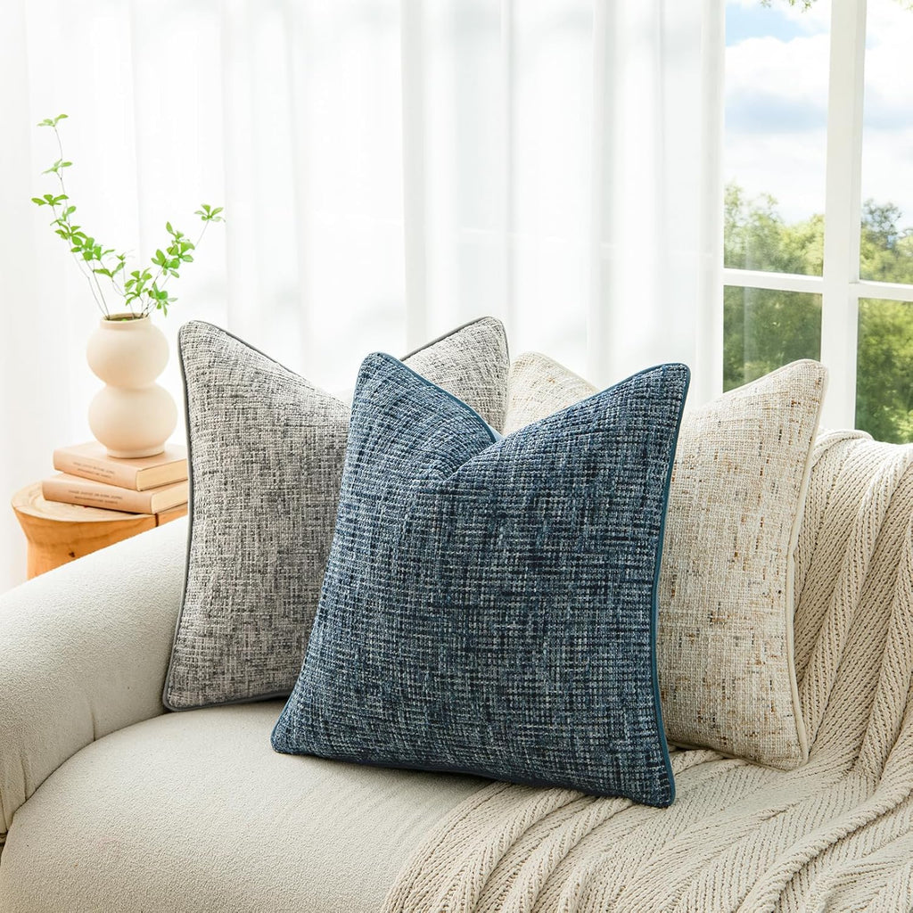 a moment Blue Reversible Pillow Covers 2 Pack - Farmhouse Chenille Throw Pillows, Neutral Textured Decorative Throw Pillow Covers with Border for Couch Sofa Bed (18x18 Inch, No Insert)