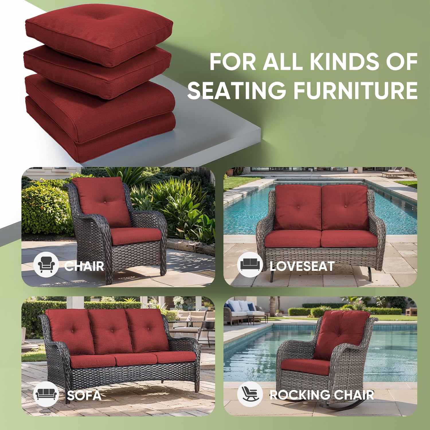 Outdoor Chair Cushion Set of 3, Waterproof Outdoor Seat Cushions 25x22, Patio Chair Cushions for Outdoor Furniture, Couch Cushion Replacement, Include 3 Back & 3 Seat Cushions, Button/Red