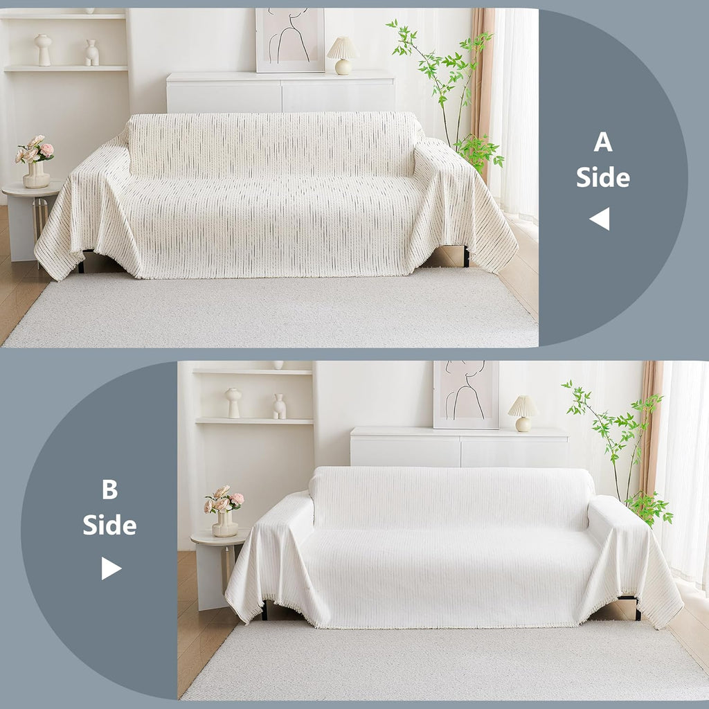 MYSKY HOME Couch Cover for Dogs, Sectional Couch Cover, Beige Lines Sofa Covers for Sectional Sofa L Shape Chenille Couch Protector for Dogs Pets Couch Covers Washable Soft Throw, 71" X118"