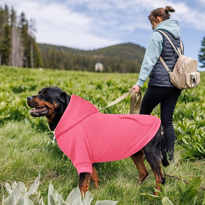 Dog Sweaters,Dog Hoodie,Cozy Fleece Interior Sweatshirt with Hood & Pocket,Leash Hole,Pet Clothes Sweater for Small,Medium,and Large Dogs,Pink&L