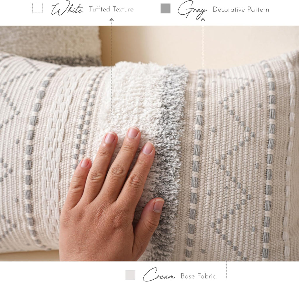 BlissBlush Decorative Lumbar Throw Pillow Cover 12x20 Combo Set of 2 Gray Rectangular Boho Accent Pillowcase Neutral Grey Farmhouse Cushion for Couch Sofa Bedroom Living Home Décor Cover ONLY