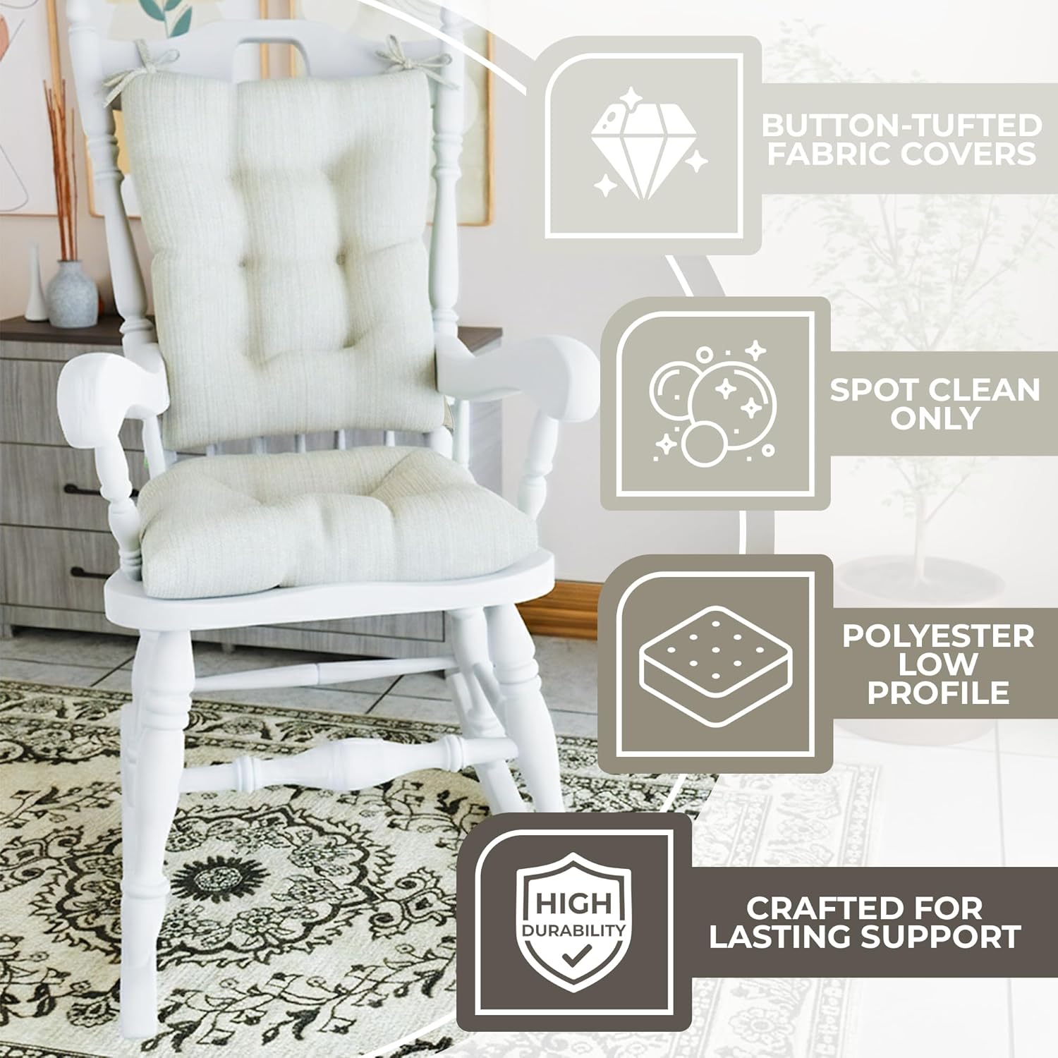 Klear Vu Omega Non-Slip Rocking Chair Cushion, Assembled in USA, Thick Tufted Design, Includes Seat Pad & Back Pillow with Ties, 17x17 Inches, 2-Piece Set, Solid Ivory