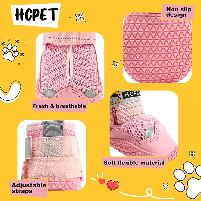Hcpet Dog Shoes for Large Dogs, Breathable Dog Booties for Small Medium Dogs, Anti-Slip Dog Boots & Paw Protectors for Hot Pavement Winter Snow Hiking with Reflective Straps Pink Size 2