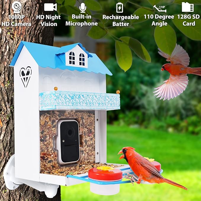 Hummingbird Feeder Camera, Smart Bird Feeder with Auto Capture and Notify, 1080P HD Full Color Camera, Free 32G SD Card, Ideal Gift for Bird Lovers