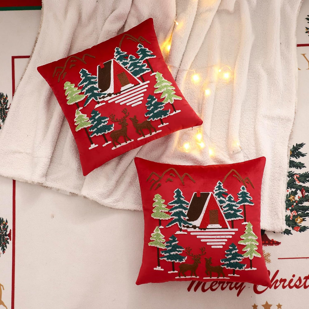 LUOYEHK Red Christmas Pillow Covers 18x18 Set of 2 House and Deer Decorative Pillow Cases Winter Holiday Velvet Embroidered Cushion Covers for Couch Sofa Bed