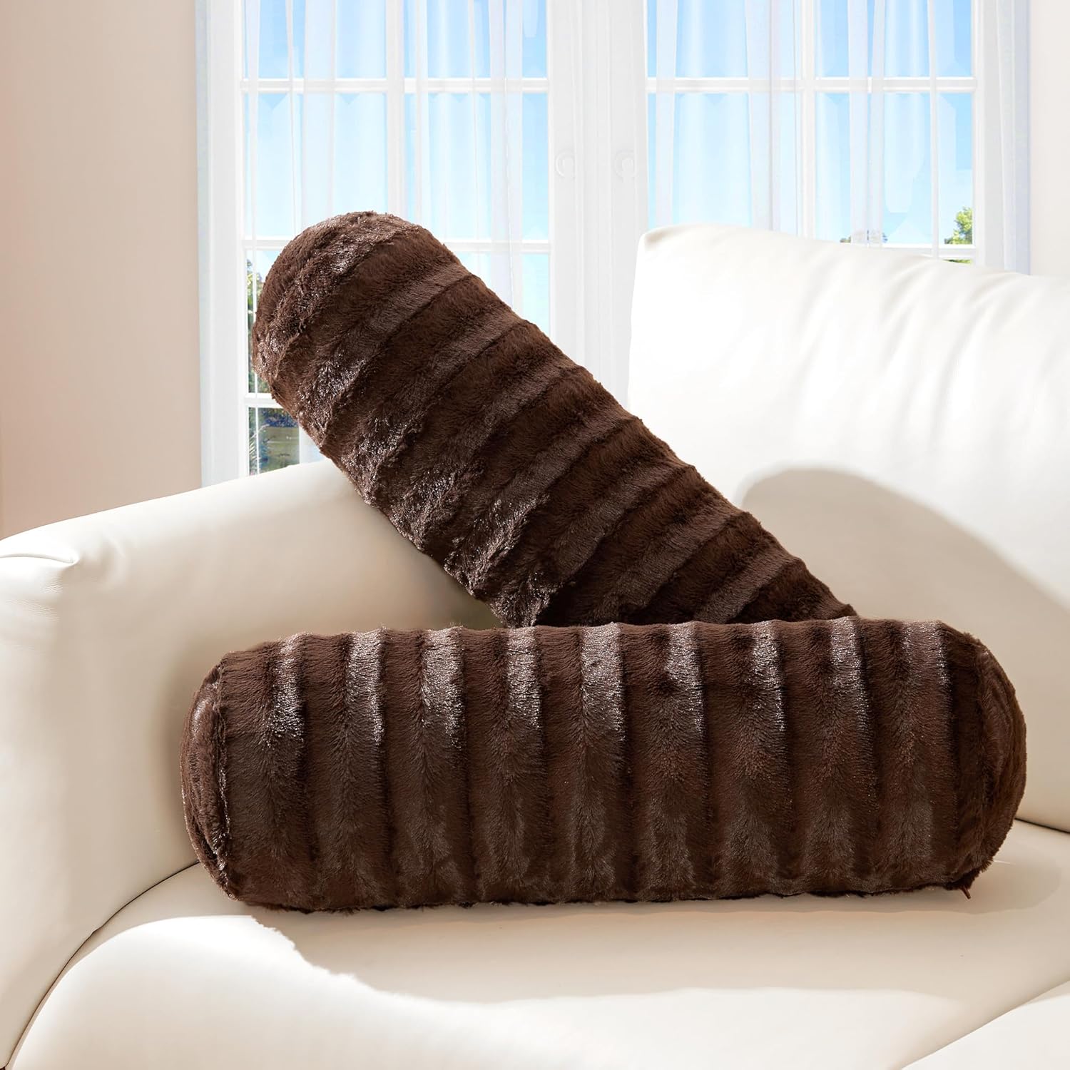 Cheer Collection Faux Fur Bolster Pillows – Soft Decorative Cylinder Pillows for Bed or Couch, Machine Washable – 8” x 24”, Set of 2, Choco
