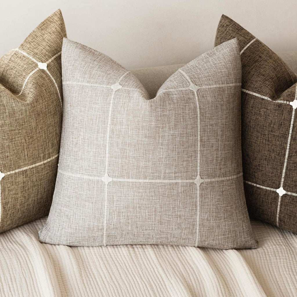 Foindtower Pack of 2 Decorative Faux Linen Jacquard Check Throw Pillow Covers Farmhouse Cushion Cover with Grid Textured Accent Pillowcase for Couch Sofa Living Room Home Decor,22×22 Inch,Beige