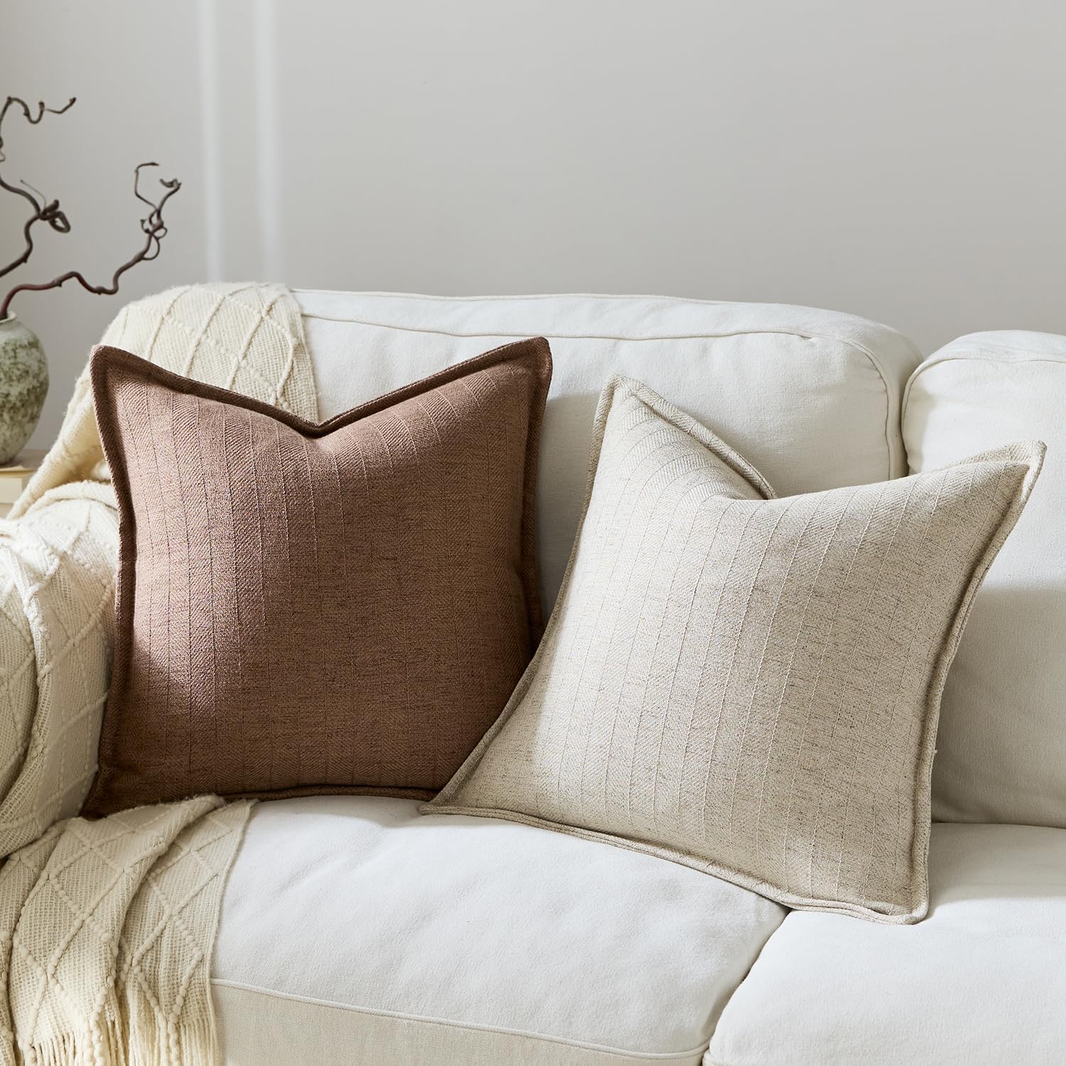 22x22 Linen Pillow Covers Brown Pack of 2 Farmhouse Boho Neutral Accents Striped Textured Square Decorative Throw Pillow Cases for Living Room Couch Bed Home Decor