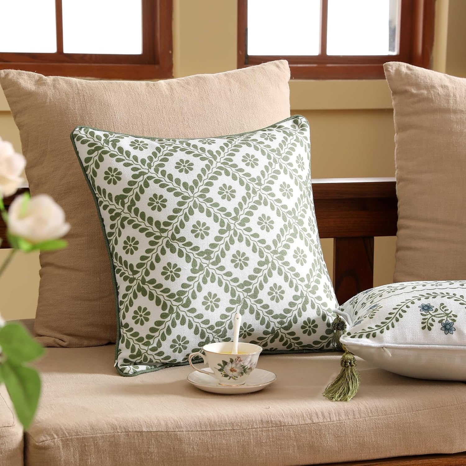 ISAENNE Design Fresh Linen Square Throw Pillow Covers 18"x18", French White Cottage Cushion Covers with Green Branches Pattern Decoration Pillowcases for Bed,Living Room,Outdoor,Car