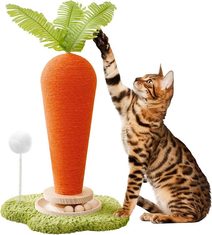 24'‘ H Cat Scratching Post Carrot with Catnip, Cute Cat Scratcher Post with Durable Natural Wooden Turntable Toy, Carrot Shape Design Cat Toy Cat Tree Sisal Scratcher for Indoor Cats (Cloud Base)