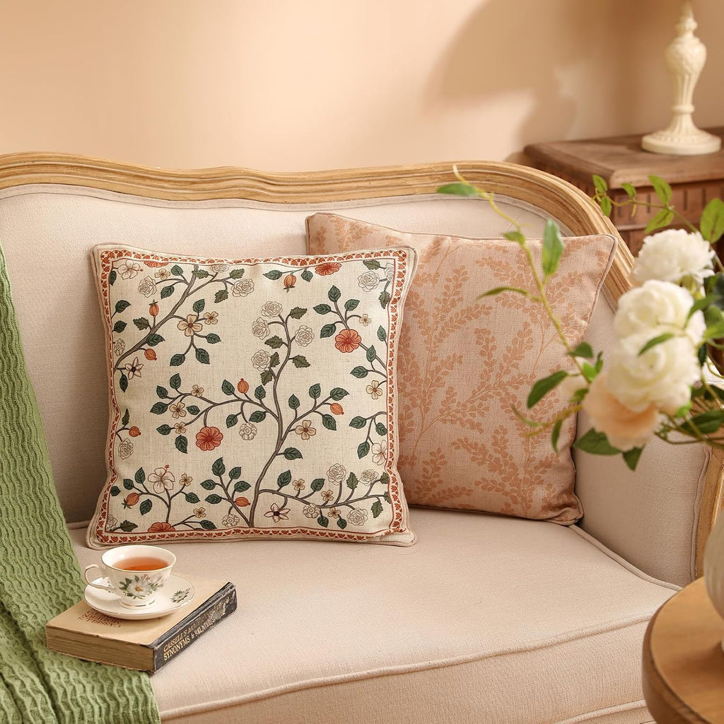 ISAENNE Design Linen Classic Throw Pillow Covers 18"x18", French Farmhouse Square Cushion Covers with Orange White Floral Pattern Decoration Pillowcases for Bed,Living Room,Outdoor,Car