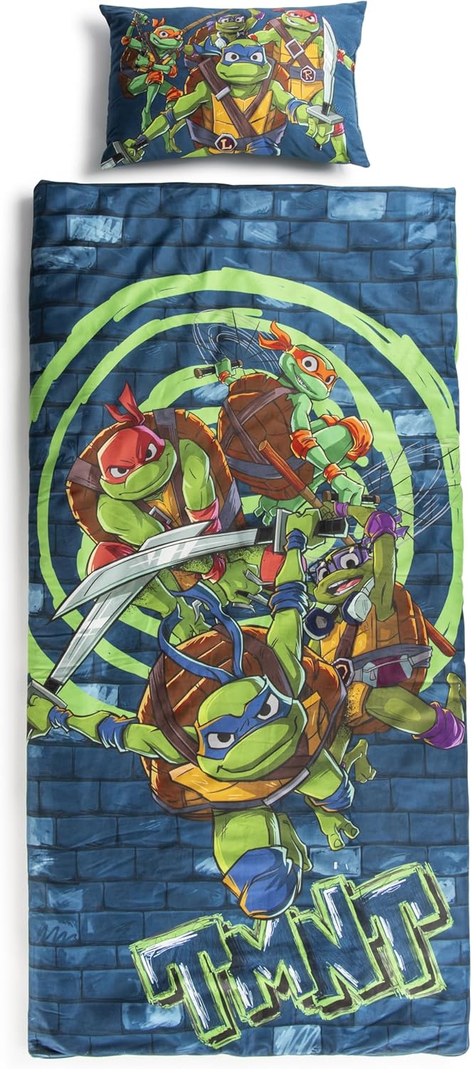 Jay Franco Kids Slumber Bag and Pillow - 54 x 27 Inch Comfy Indoor Sleeping Bag for School and Sleepovers, 2 Piece Set, Blue - Teenage Mutant Ninja Turtles