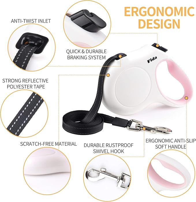 Fida Retractable Dog Leash with Dispenser and Poop Bags, 10 ft Pet Walking Leash for X-Small Dog or Cat up to 18 lbs, Anti-Slip Handle, Tangle Free, Reflective Nylon Tape (XS, White)