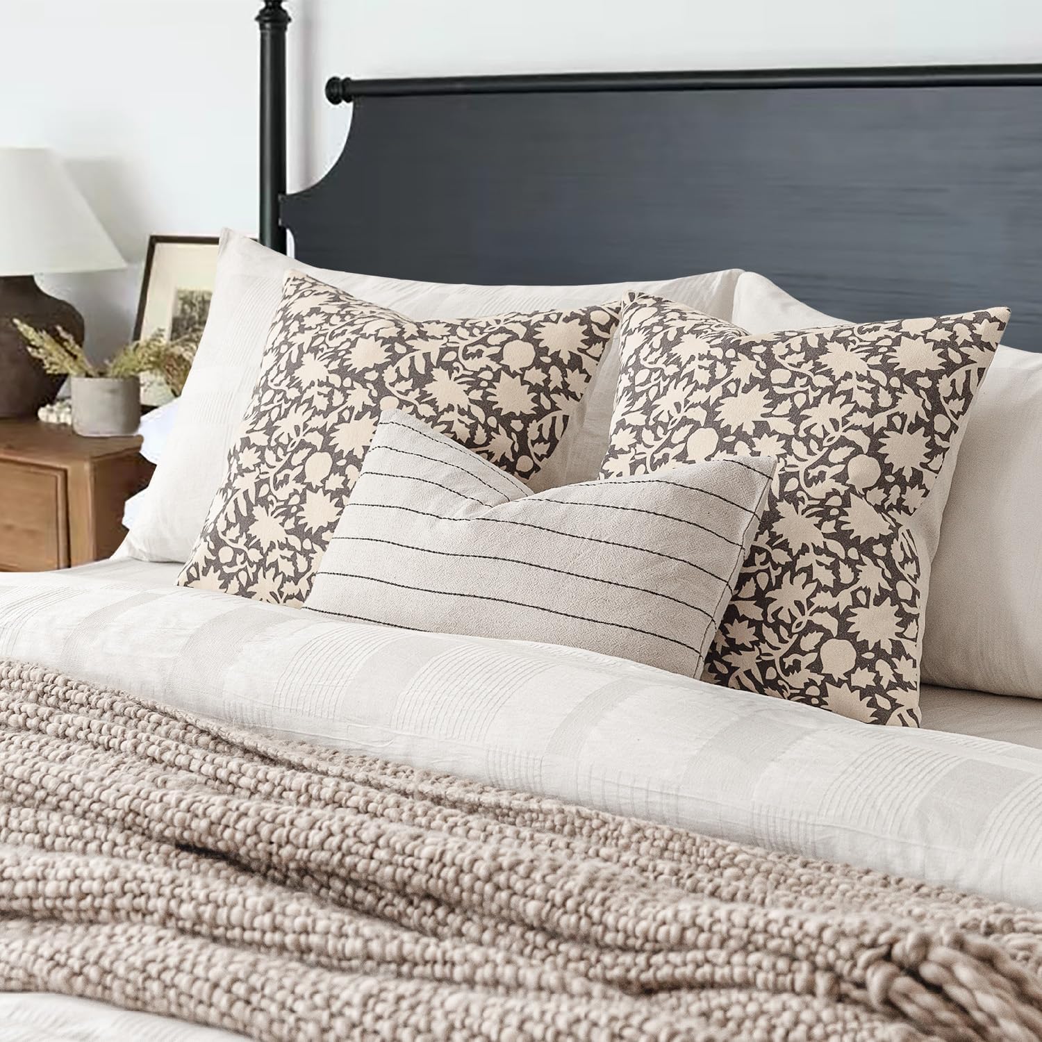 Foindtower Set of 2 Decorative Neutral Floral Throw Pillow Covers Accent Farmhouse Cushion Covers Boho Vintage Pillowcase for Couch Sofa Bedroom Living Room Home Decor,18×18 Inch,Rustic Gray