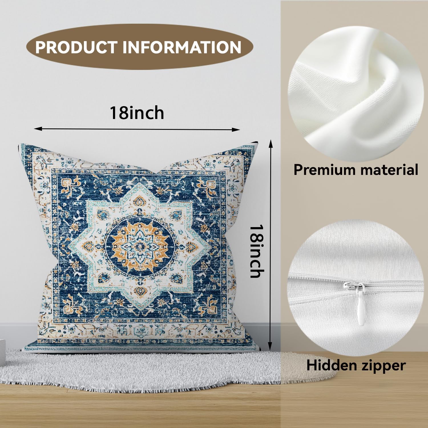 Bohemian Pillow Covers | Vintage Floral & Carpet Design | Double Sided Blue White Decorative Pillowcases for Couch, Bed | Indoor Outdoor Boho Home Decor (White&Blue, 18x18inches)