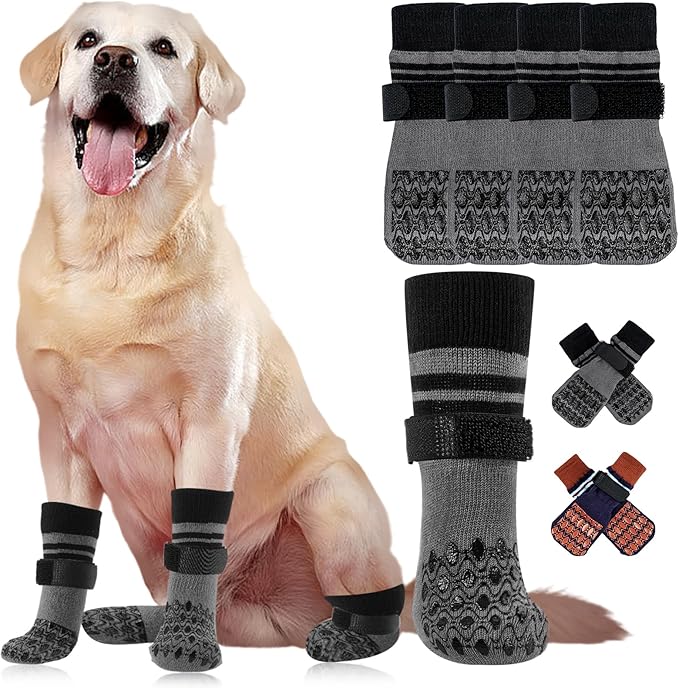 Kuoser Non Slip Dog Socks for Hardwood Floors,4Pack Anti-Slip Dog Grippy Socks to Prevent Licking Paws,Dogs Booties Paw Protectors with Double-Sided Traction for Small Medium Large Senior Dogs,Gray XL
