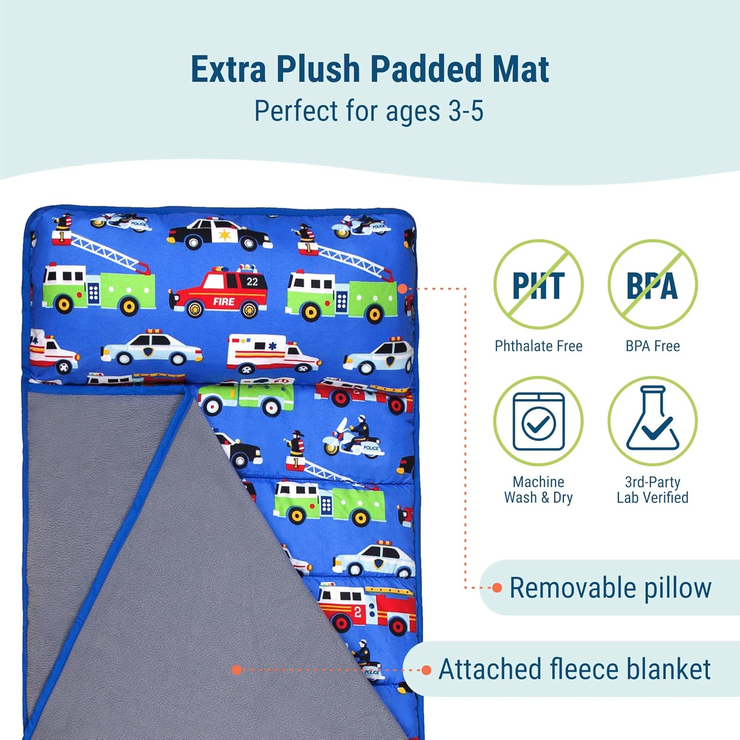 Wildkin 43-inch Kids Nap Mat – Soft Microfiber Toddler Sleeping Mat with Pillow