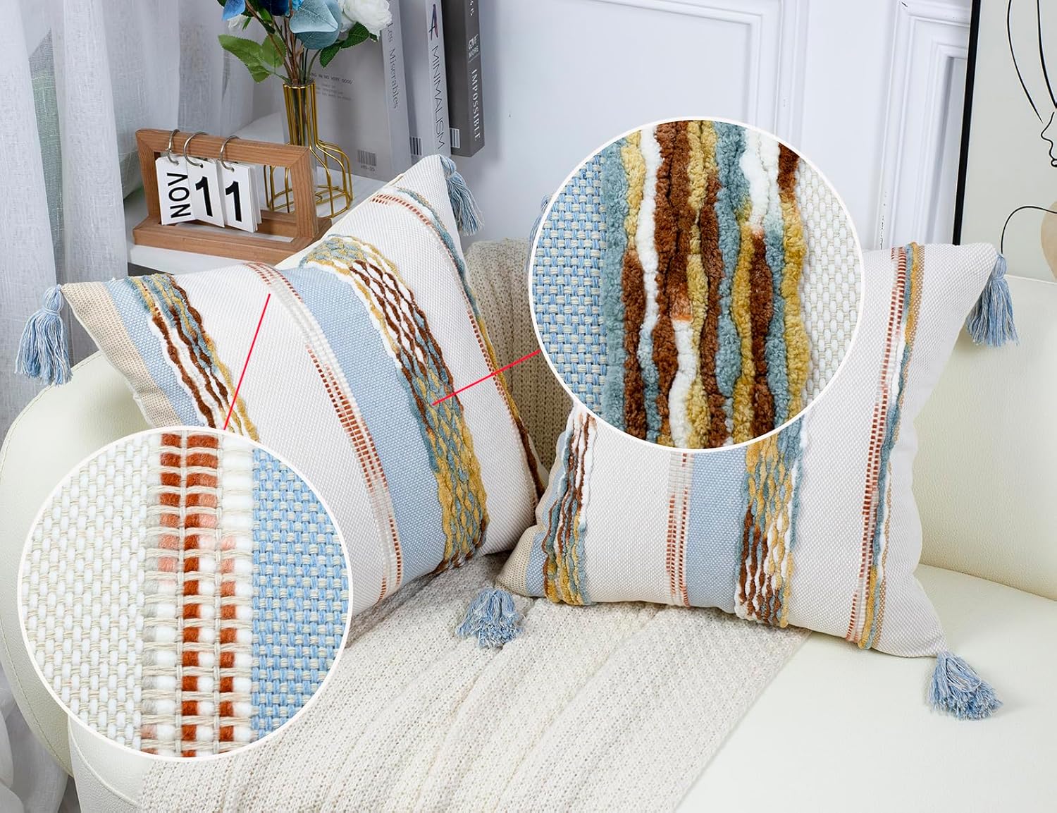 PANOD Chenille Farmhouse Throw Pillow Covers 16 x 16 Light Blue, Neutral Boucle Couch Pillow Cover, Striped Decorative Boho Coushion Cover Pillow Case for Couch Bed Sofa Bedroom,Modern Accent,Set of 2