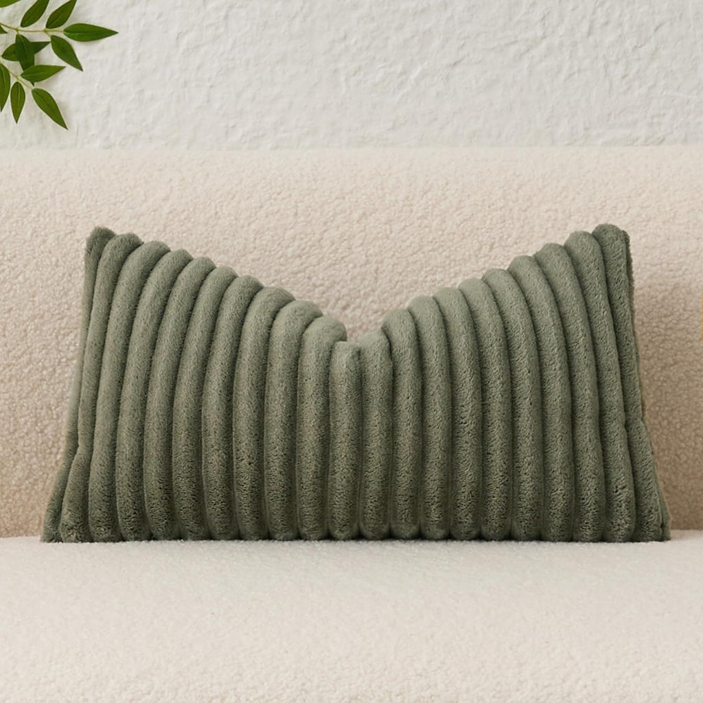 Kevin Textile Soft Plush 12x20 Inch Lumbar Pillow Cover 1 Pack, Luxury Fluffy Faux Fur Striped Flannel Rectangle Cushion Case for Couch Sofa Chair Bed Home Decor, Olive Green