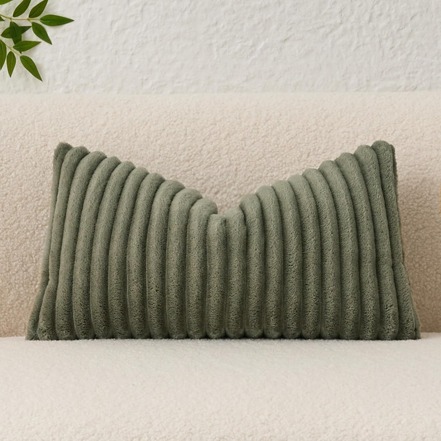 Kevin Textile Soft Plush 12x20 Inch Lumbar Pillow Cover 1 Pack, Luxury Fluffy Faux Fur Striped Flannel Rectangle Cushion Case for Couch Sofa Chair Bed Home Decor, Olive Green